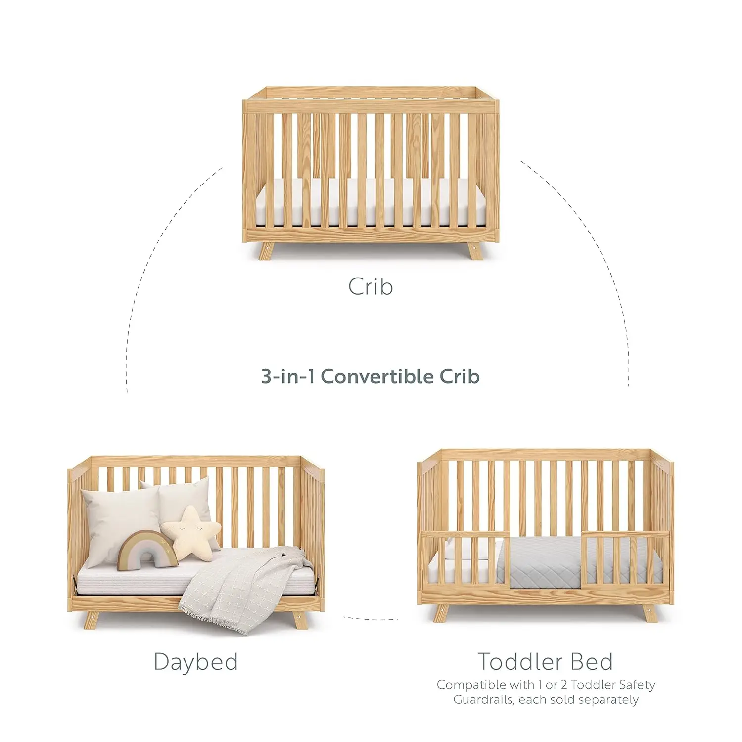 Cuna convertible 3 en 1 (natural): convierte desde el cuna al por la cama y el sofá cama de los niños pequeños, se adapta al estándar completo