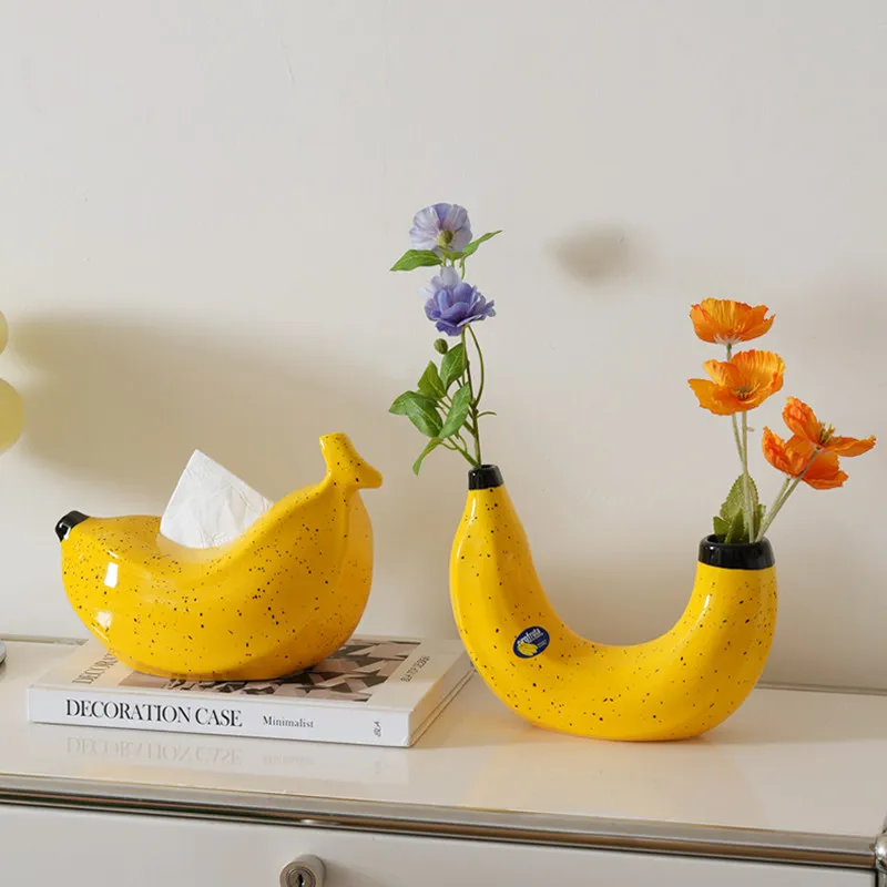 Creative Ceramic Banana Vase Flower Arrangement Decoration Simulated Fruit Banana Artifact Vases Pots Tissue Box Home Decoration