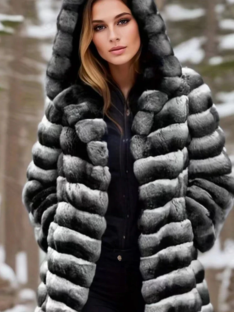 Women Faux Fur Coats Hooded Coat Thick Warm Elegant Splice Autumn Winter 2024 Striped Mid Length Jackets Casual Open Stitch