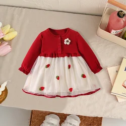 1-piece Spring and Autumn Girl's Long Sleeved Mesh Fabric Strawberry Baby Girl Dress 0-2 Year Old Birthday Outfit Princess