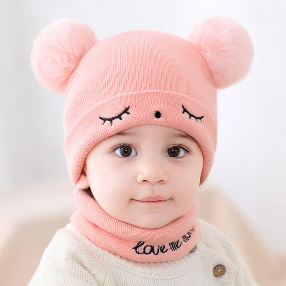 2Pcs/Set Autumn Winter Warm Baby Hat Scarf Set Solid Color Girl Boy Hats Embroidery Infant Toddler Beanies For Kids