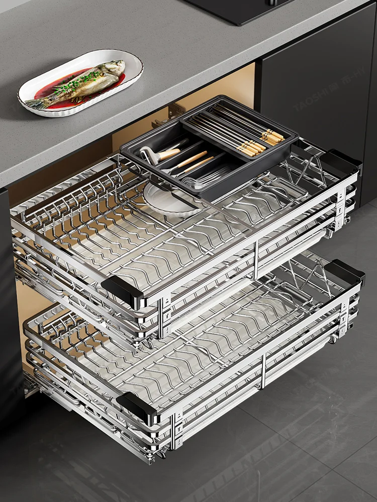 

304 stainless steel drawer type bowl basket, double-layer pulling blue storage in kitchen cabinet, dish basket