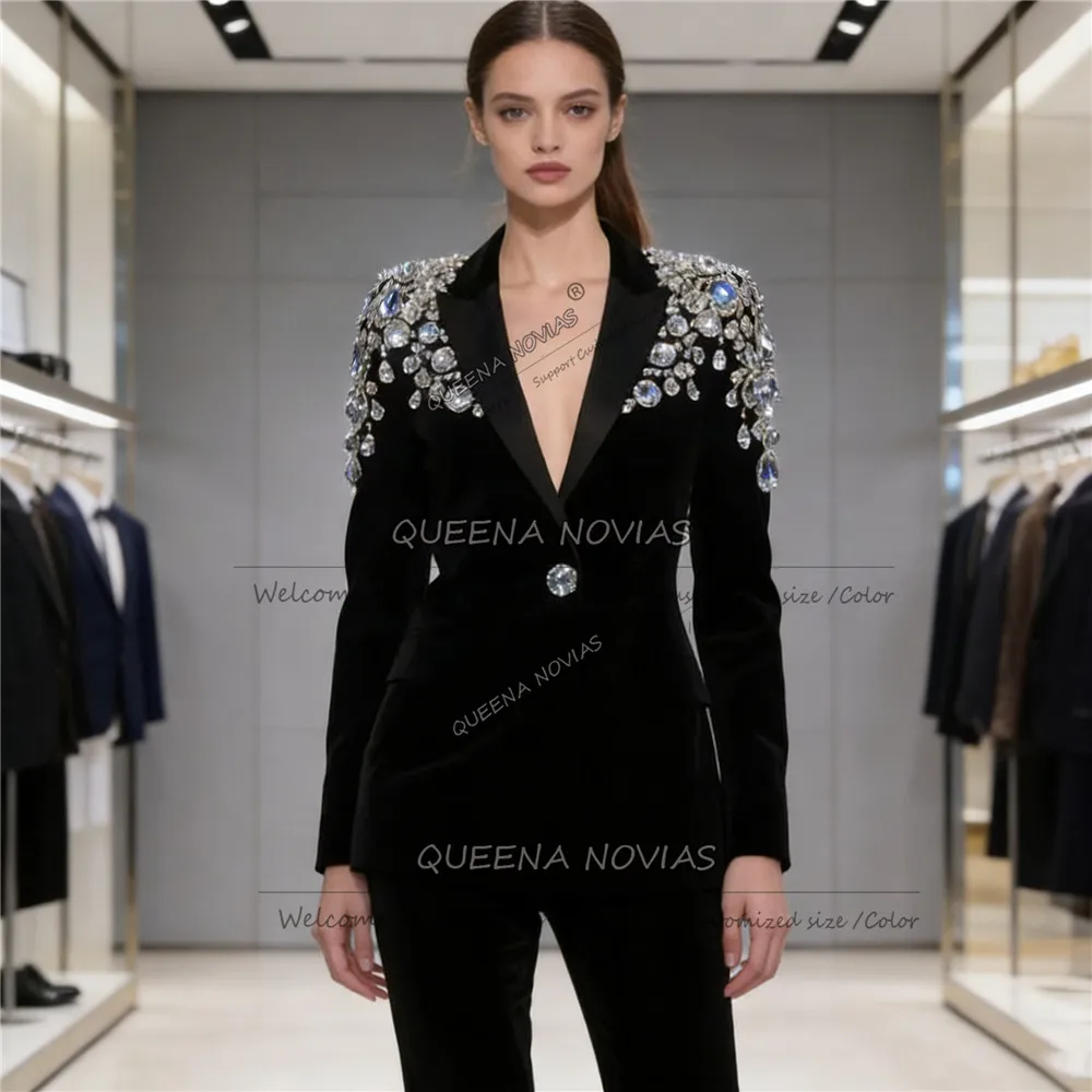 Exclusive Diamond Beaded Suits Women single Breasted Velvet Prom Blazers Customized 2 Piece Tuxedos Lady Business Outfits 2026