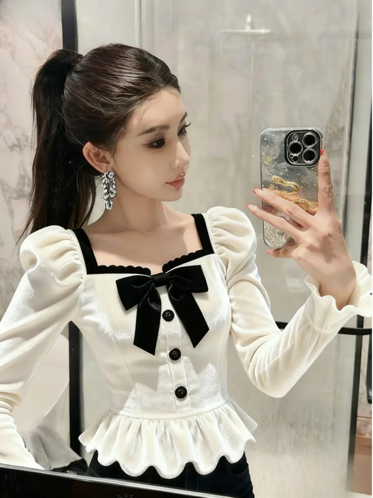 

2025 Color Block Velvet Shirt Women's Square Collar Shirt Unique Elegant Ladylike Light Maturity Chic Wear Autumn Winter Fashion
