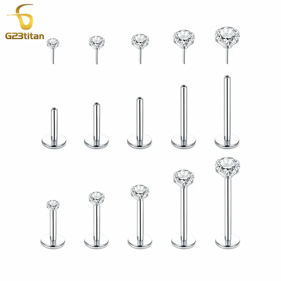 2pc G23 Titanium Push In Earrings Flat Back 20G 18G Threadless CZ Zircon Labret Lip Nose Ring Ear Helix Tragus Piercing Jewelry view 6