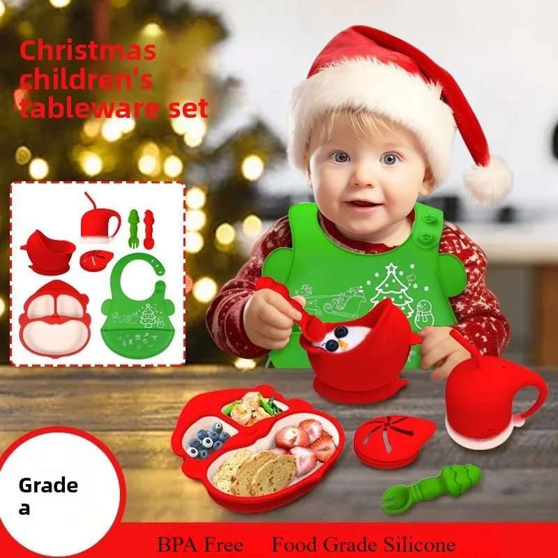 Christmas Gift Silicone Kids Dinnerware Set, Children Christmas Plate Cup Spoon Fork Bowl Bib, Baby Feeding Tableware Set