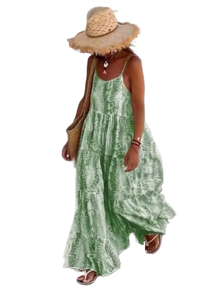 Casual Print Loose Dress For Women Fashion Sleeveless Spaghetti Strap Dresses Lady Boho Holiday Beach Skirt Womens Clothing New