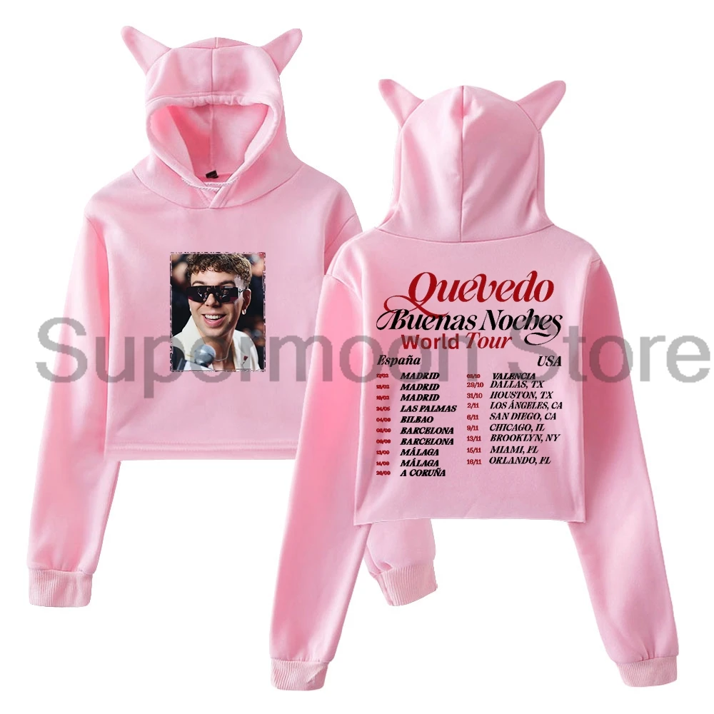 

Quevedo Buenas Noches World Tour 2025 Hoodie Cat Ears Hooded Sweatshirt Long Sleeve Crop Top Women's Clothes