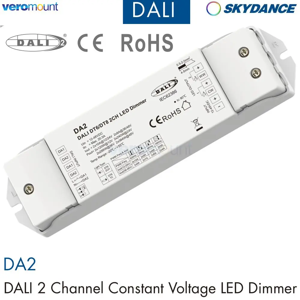 Skydance DA2 DALI 2CH atenuador LED de voltaje constante DC12-48V DT6 DT8 2 modos DALI atenuador PWM atenuación digital con interruptor de empuje de CA