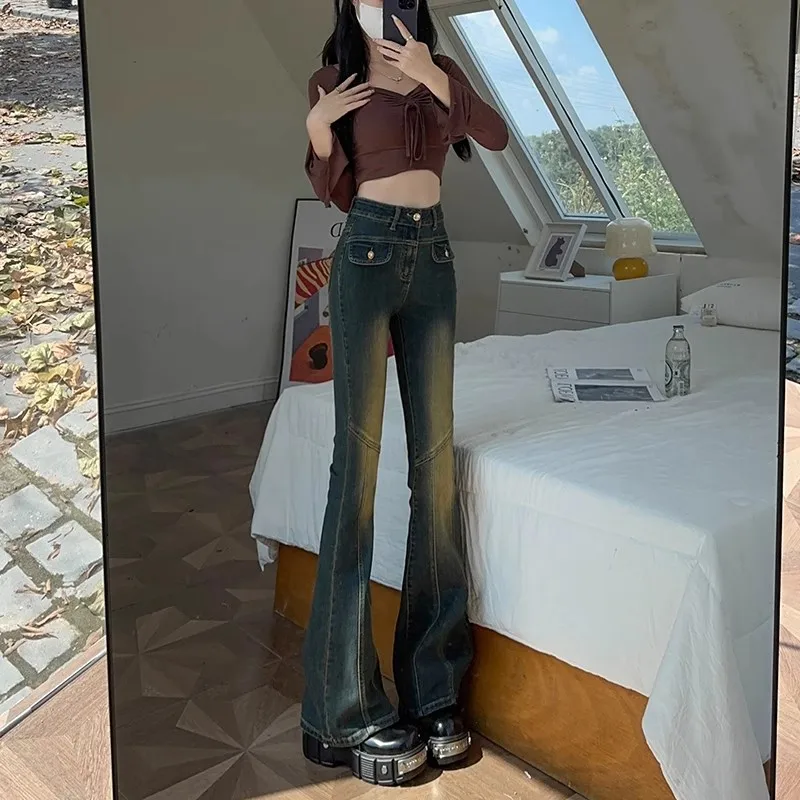 Retro Distressed Versatile Bootcut Jeans Women's Spring Autumn New Stretch Slim High Waist Slim Design Sense Bell Bottoms