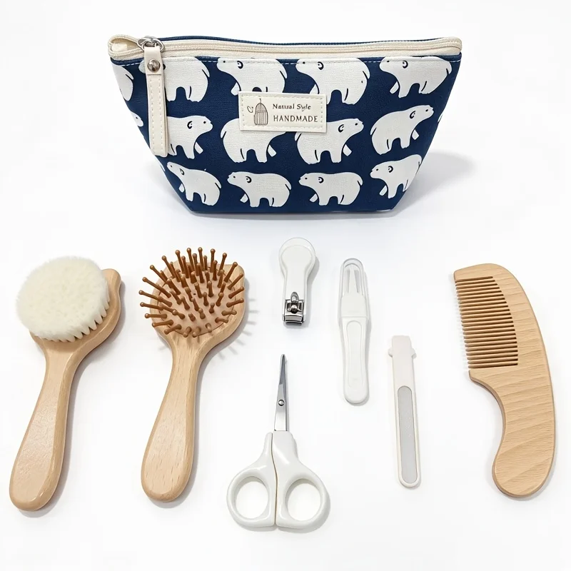 7in1 Infant daily care tools, solid wood baby massage air cushion comb, soft bristle brush, nail clipper / scissors / nail file