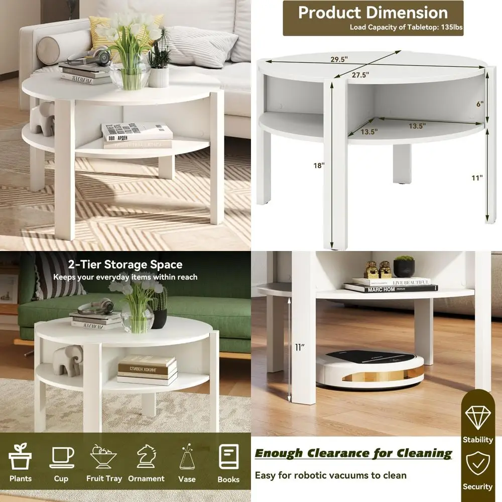 

Round 2-Tier Mid Century Modern Coffee Table with Storage Shelves and Side Compartments, Wooden Center, Cocktail Table Design