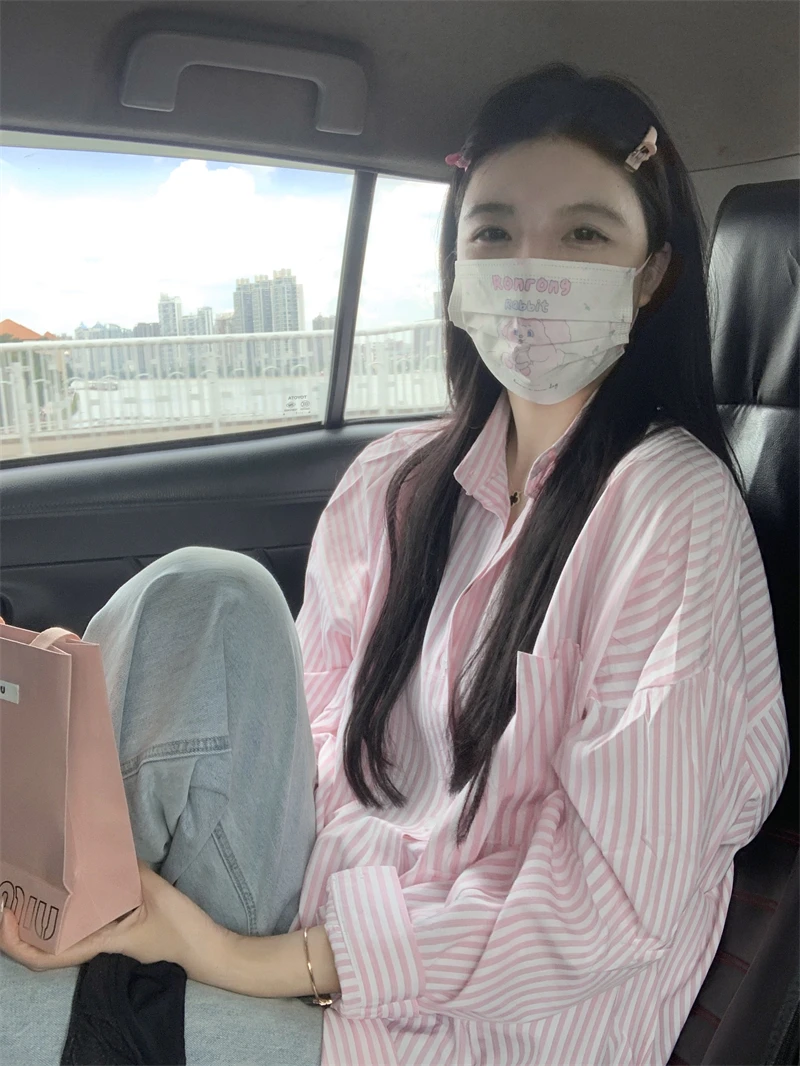 Pink Striped irt Jaet Women's Spring Autumn plus Size Slimming Long Sve  Collar Button up Casual Korean Sle Top