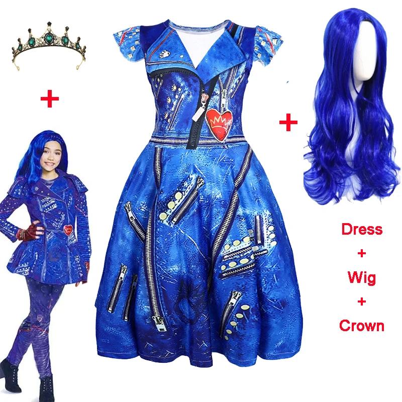 

Blue Audrey Costume Kids Carnival Costume Child Evie Descendants Mal Cosplay Dress Halloween Birthday Party Girls Costume Wig