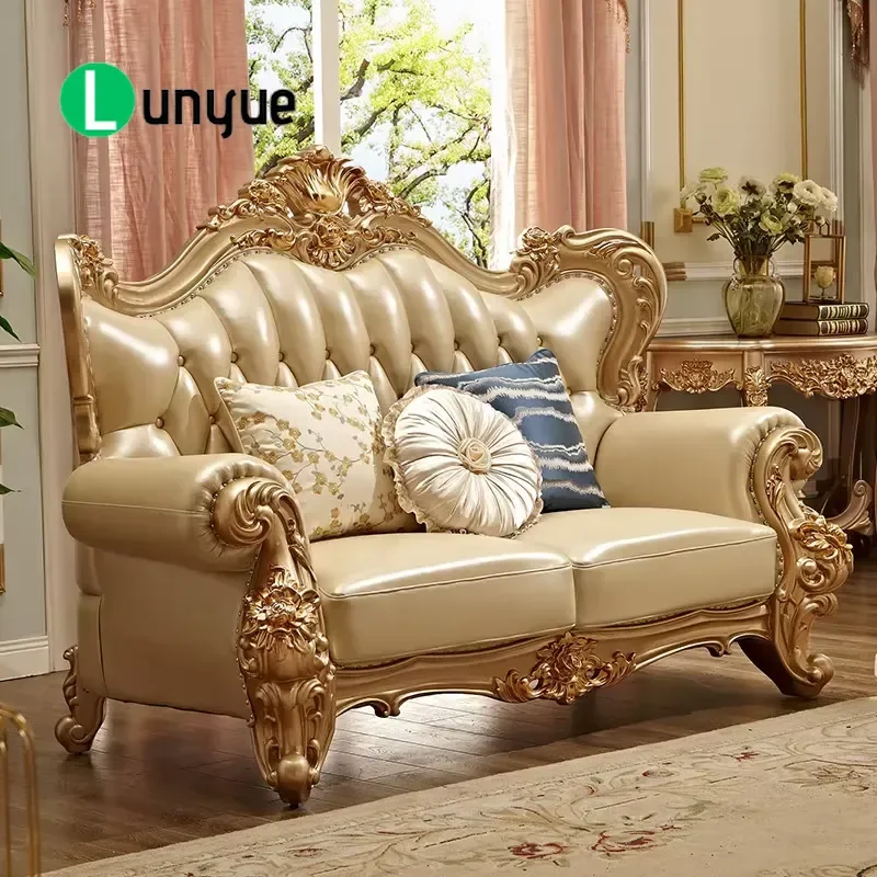 European Leather U Shaped Sofa Solid Wood Carved Flower Movable 123 Combination Sectional Couch for Villa Living Room Large