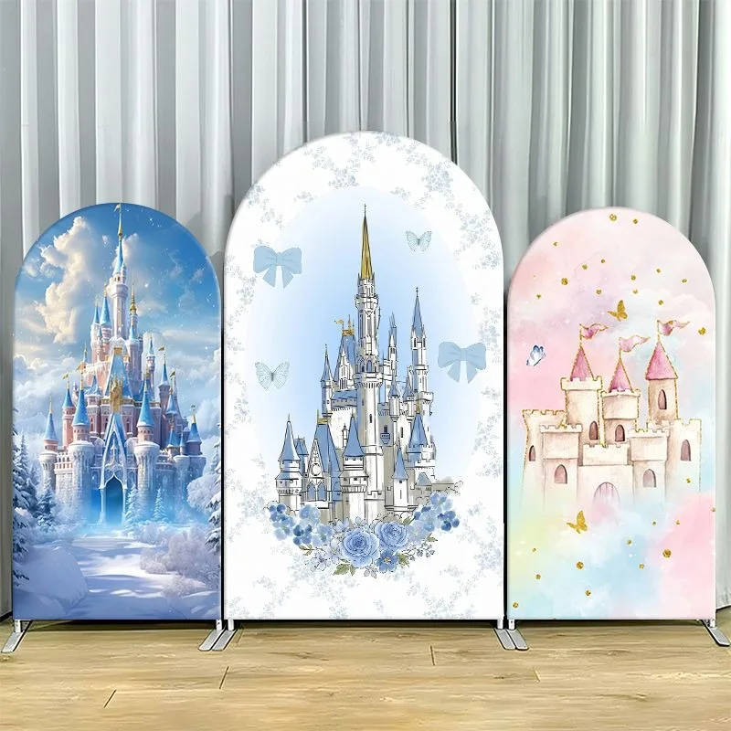 

Single Side Arch Backdrop Cover Elegant Castle Themed Party Backdrop Set Featuring Royal Blue Snowy FortressSoft Pastel Pink