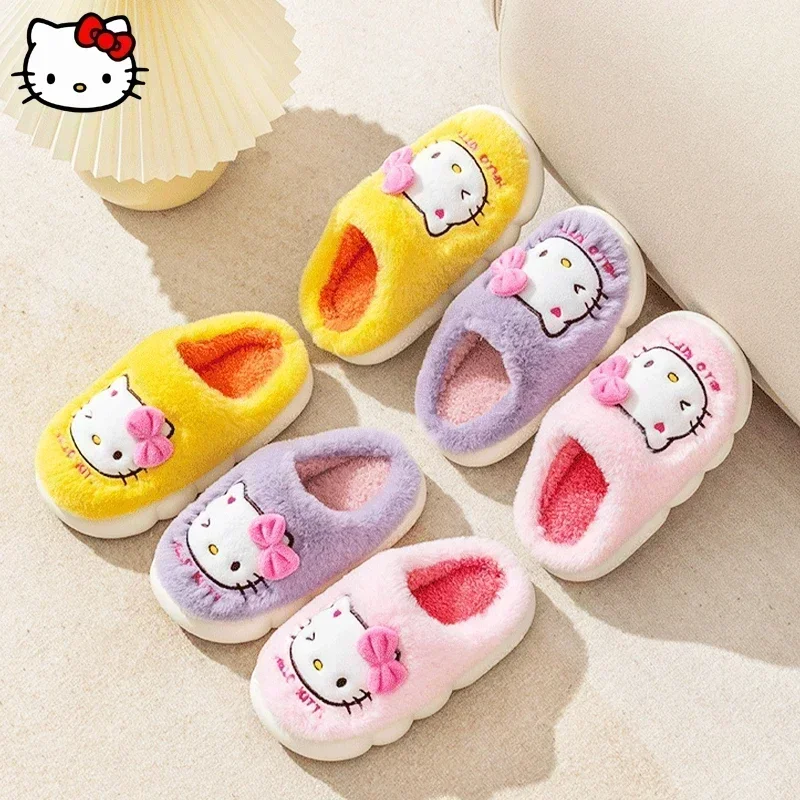 Kawaii Sanrio Hello Kitty Slippers Cute Cartoon Girls and Children Autumn and Winter Y2K Home Non Slip Grip Fluffy Plush Shoes