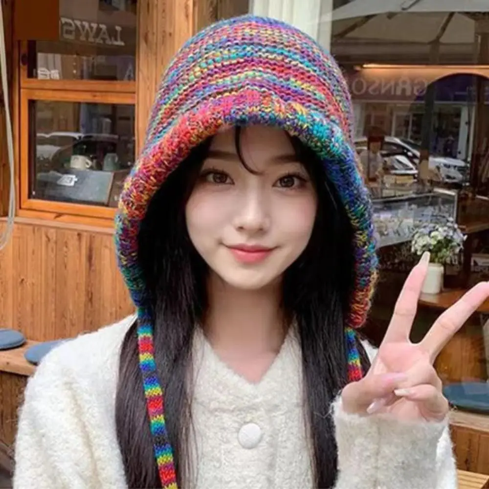 Rainbow Striped Knitting Beanie Hat Thick Knit Handmade Crochet Crochet Cap Soft Fabric Gradient Wool Winter Bucket Hat Outdoor