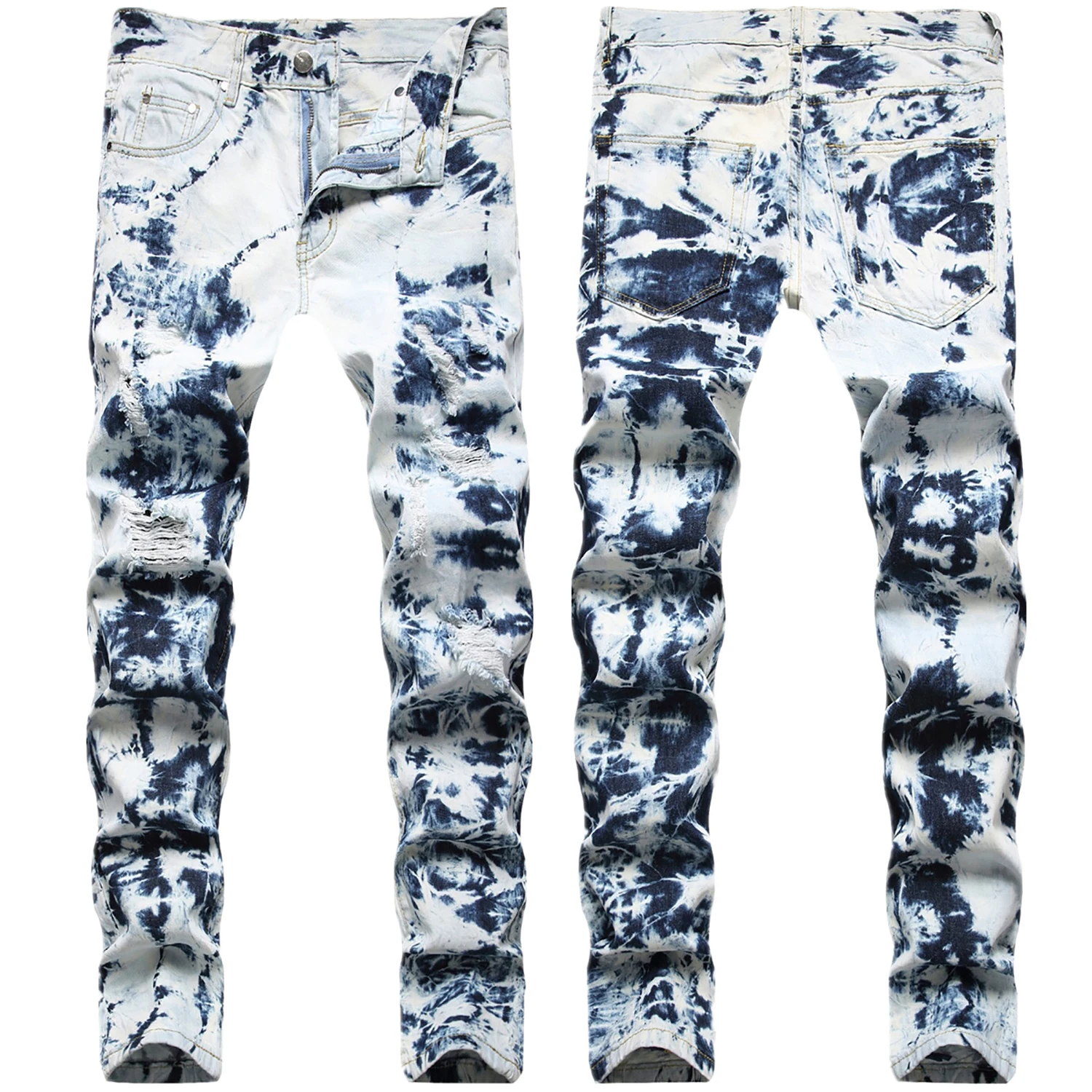 

High Quality Men Tie-dyed Denim Pants Street Fashion No Stretch Casual Jeans Classic Slim-fit Hip Hop Style Ripped Long Trousers