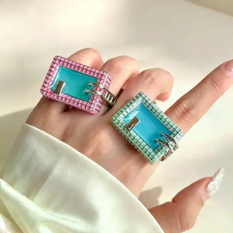Mini Swimming Pool Shape Ring Enamel Grid Square Finger Ring Sweet Cool Y2K Exaggerated Girl Ring Party Fashion Jewelry Gift