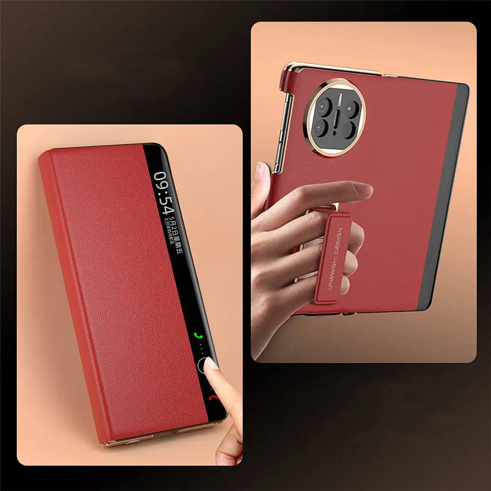 

Premium Cowhide Leather Double Hinge Flip Case for Huawei Mate X6 X5 X3 Wristband Window View Cover