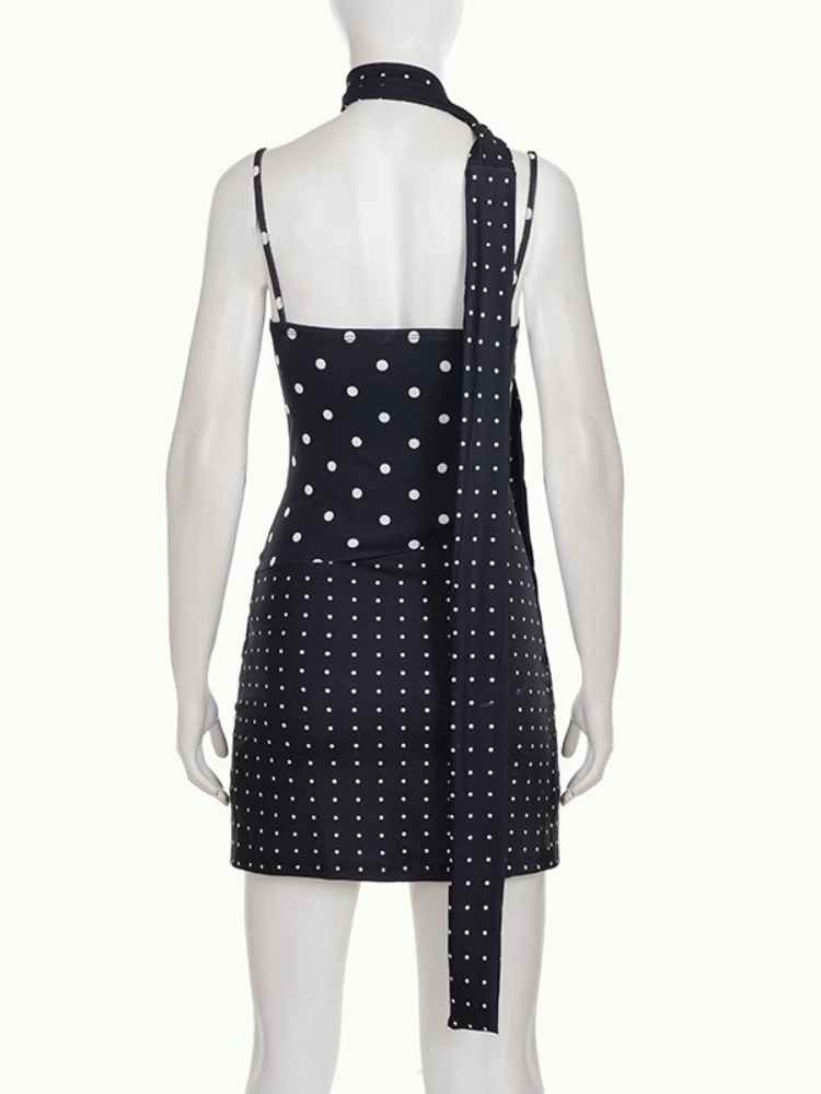 SsTss 新しいセクシーな黒と白の水玉模様のプリントスリングドレス女性のためのファッションネクタイノースリーブスリムスリットシックなナイトパーティードレス