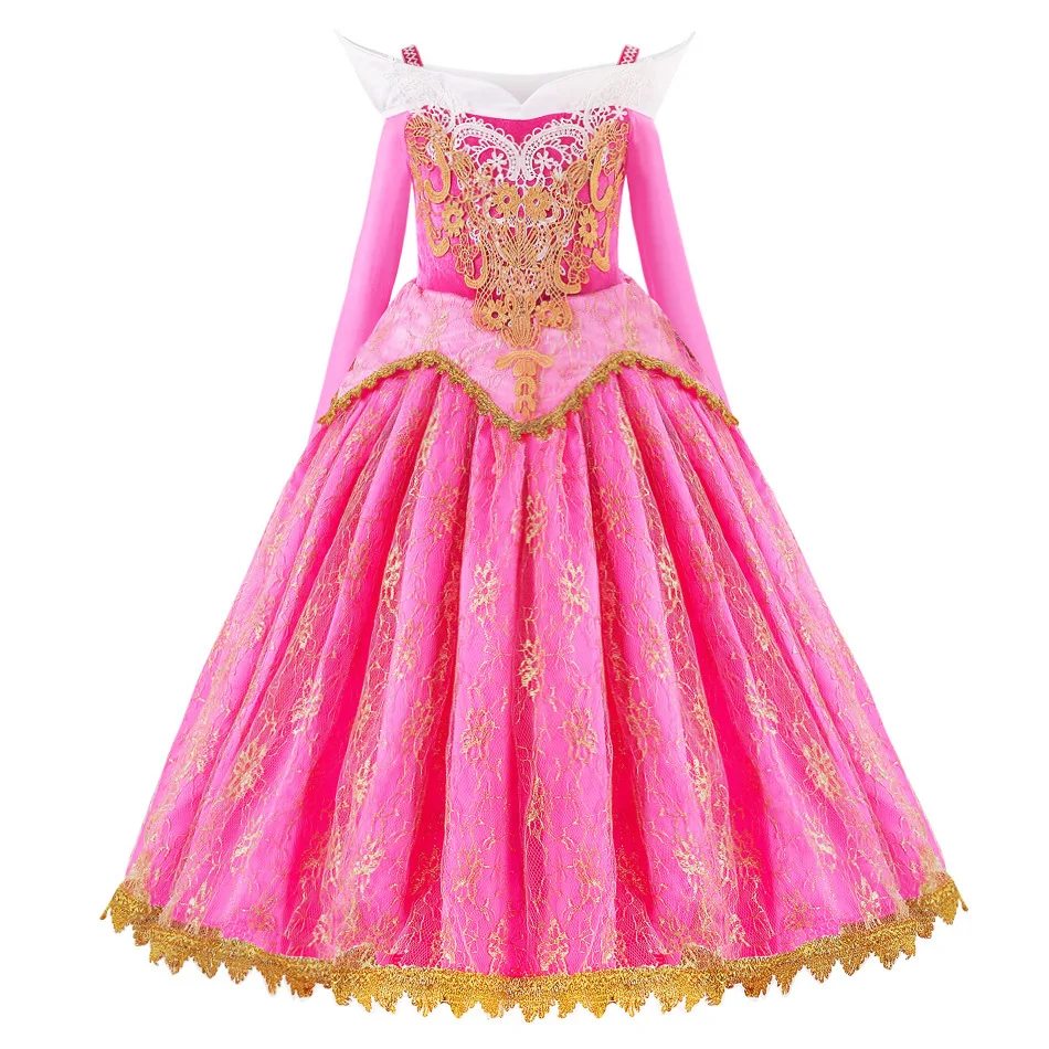 Girls Sleeping Beauty Cosplay Dress Long Sleeve Off Shoulder Kids Christmas Party Princess Clothing Halloween Aurora Costume