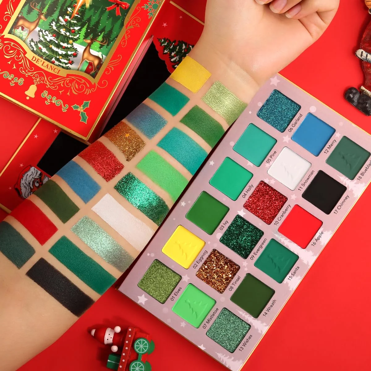 Afflano 18Colors Christmas Green Red Eyeshadow Highly Pigmented Matte Shimmer Glitter Long Lasting Blendable Holiday Makeup Gift