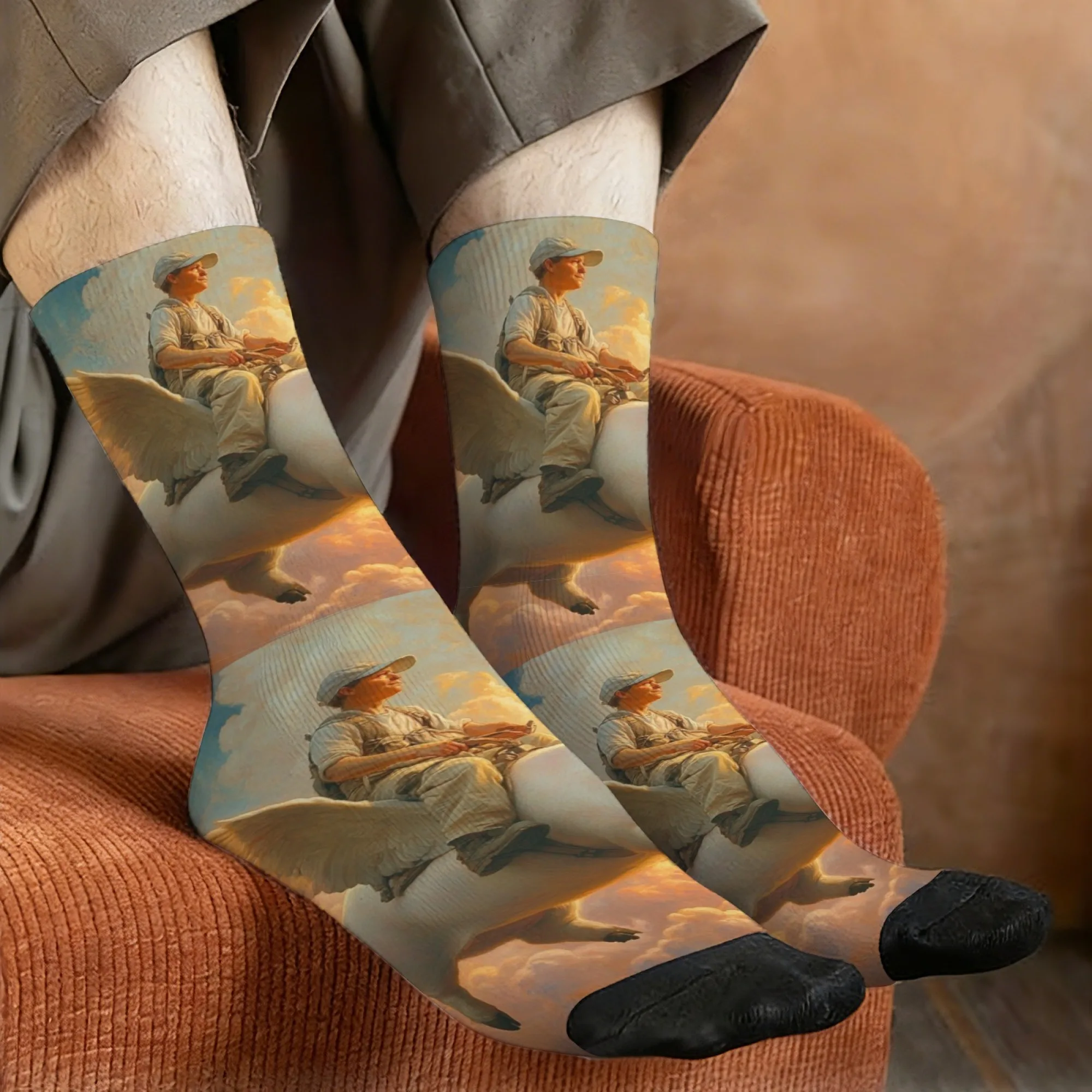 Fantasy Flying Pig Rider Mid-Calf Socks Vintage Illustration Winged Flying Pig and Its Rider Surreal Fairytale Charm Soft Socks