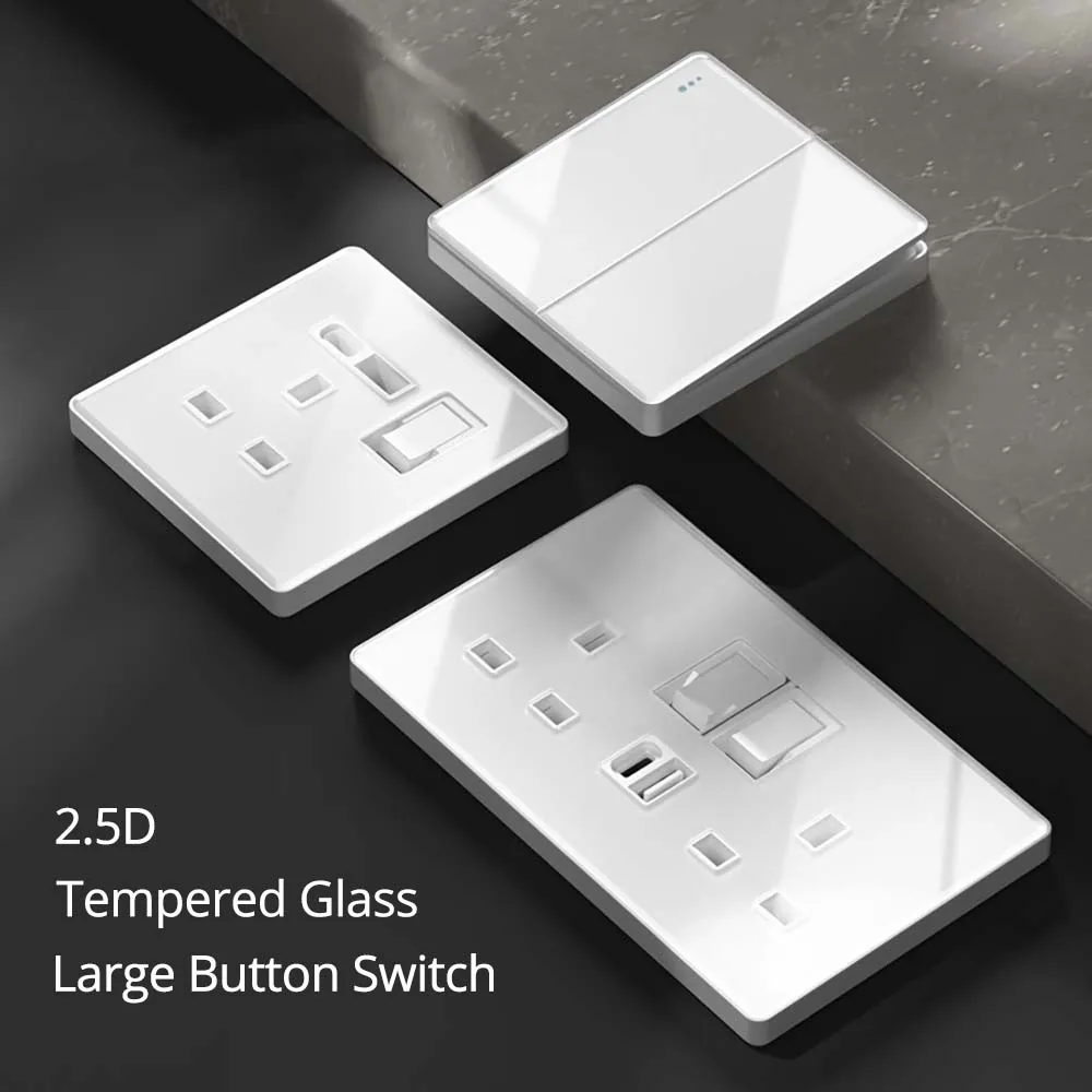 Wallpad White Glass Rocker Button With LED Indicator 13A Fused Switch EU UK MF Socket With Type C USB Charge Port 10A 250V - Image 2