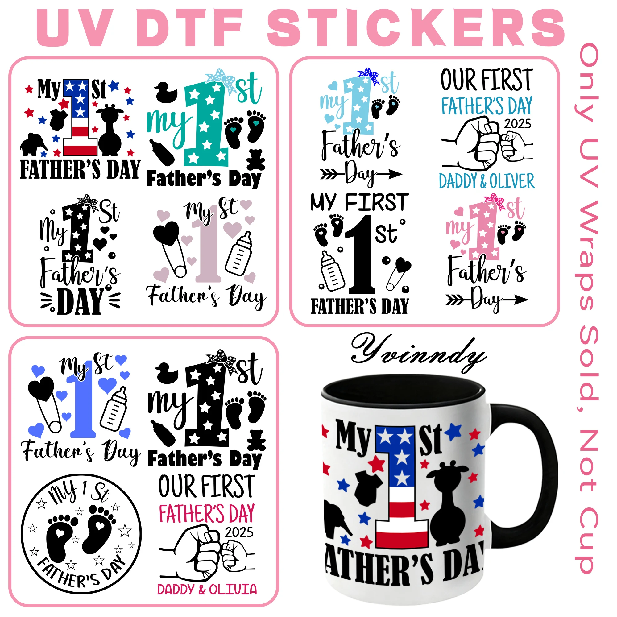 12pcs/set My First Fathers Day Style UV DTF for Mugs Printing Waterproof Self-adhesive UV DTF for 16oz Glass Can Wrap