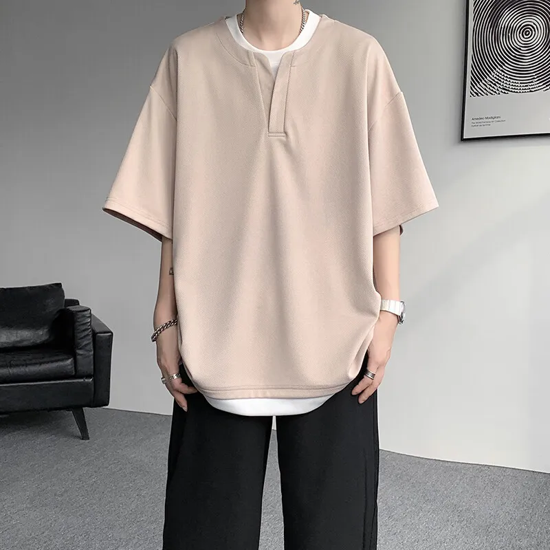 Summer Fashion Fake Two T-shirts Men Lightweight Loose Short Sleeve Casual Pull On Tees Male Solid Streetwear Hip Hop Tops Man