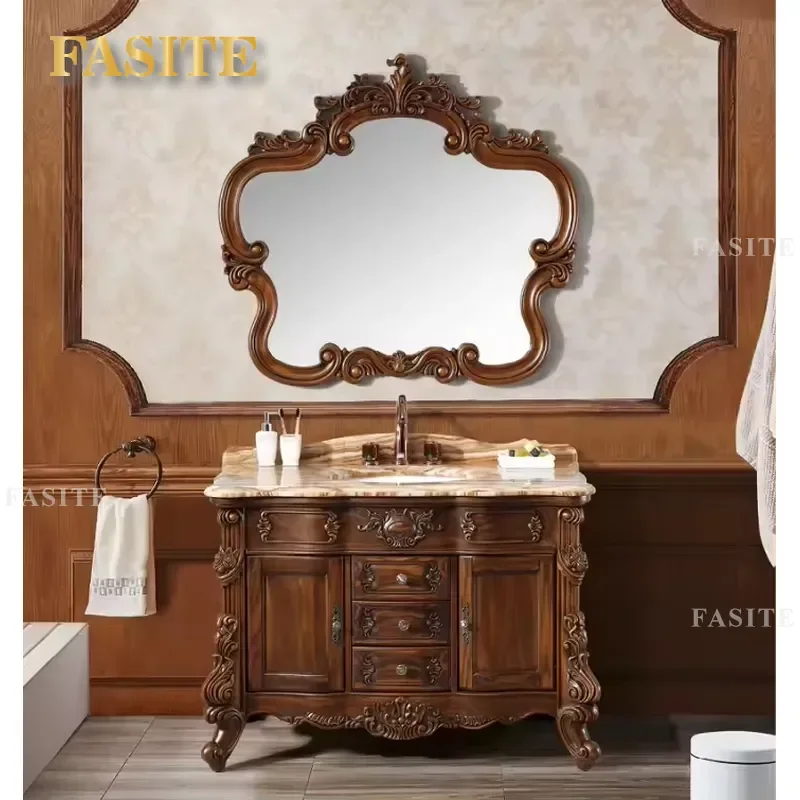 Classic European Style Water Resistant Solid Wood Bathroom Vanity with Painted Ceramic Basin and Framed Mirror