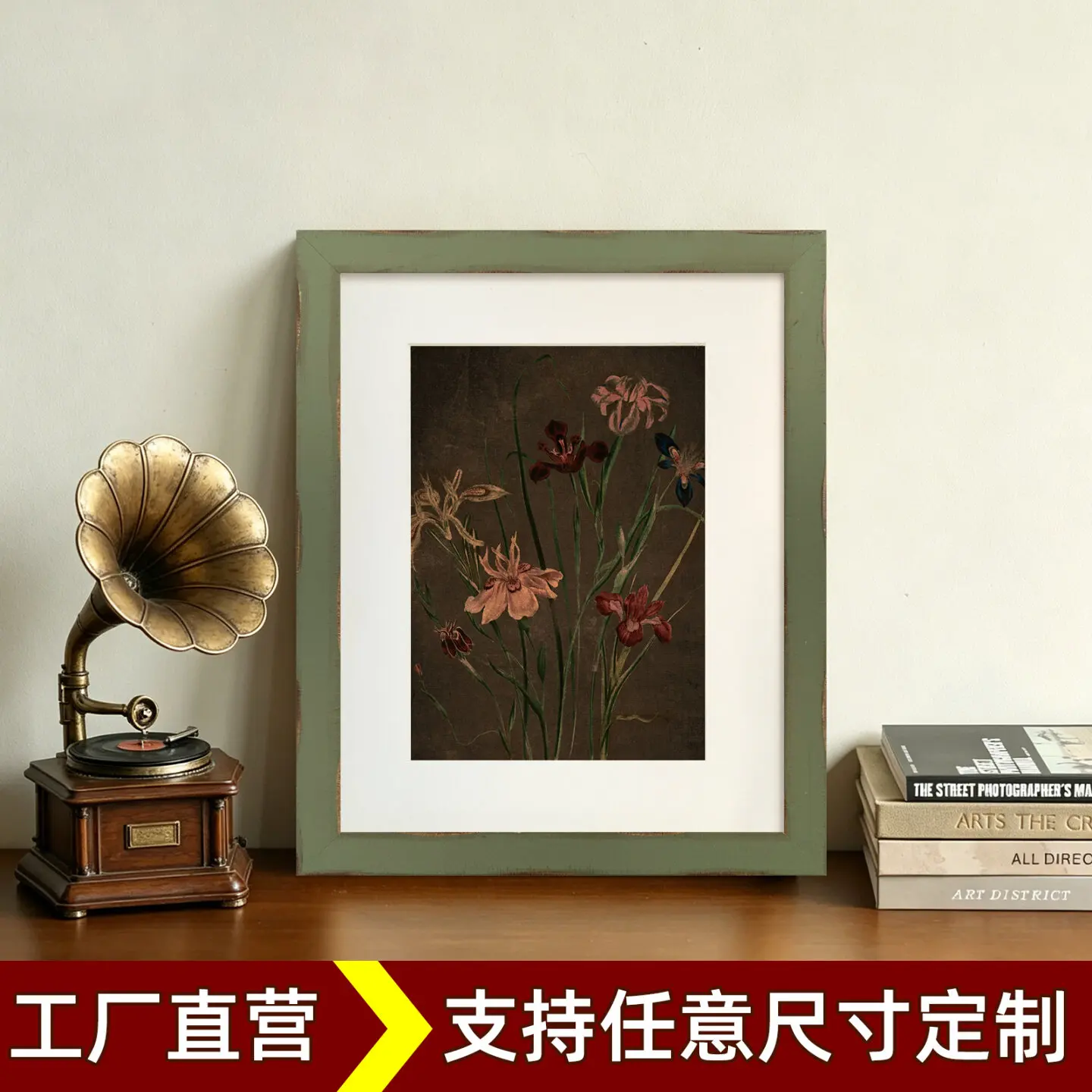 1.9cm Antique Moss Green Wood Picture Frame Rustic Distressed Narrow Profile Frame for Minimalist Artworks & Cottage Style Inte