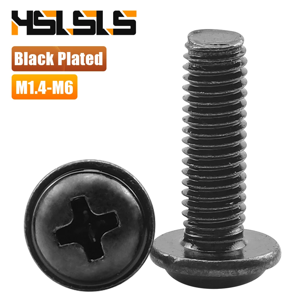 M1.4 M2 M3 M4 M5 M6 Cross Phillips Pan Head with Washer Machine Screw Black Plated Round Head with Washer Padded Collar Screw