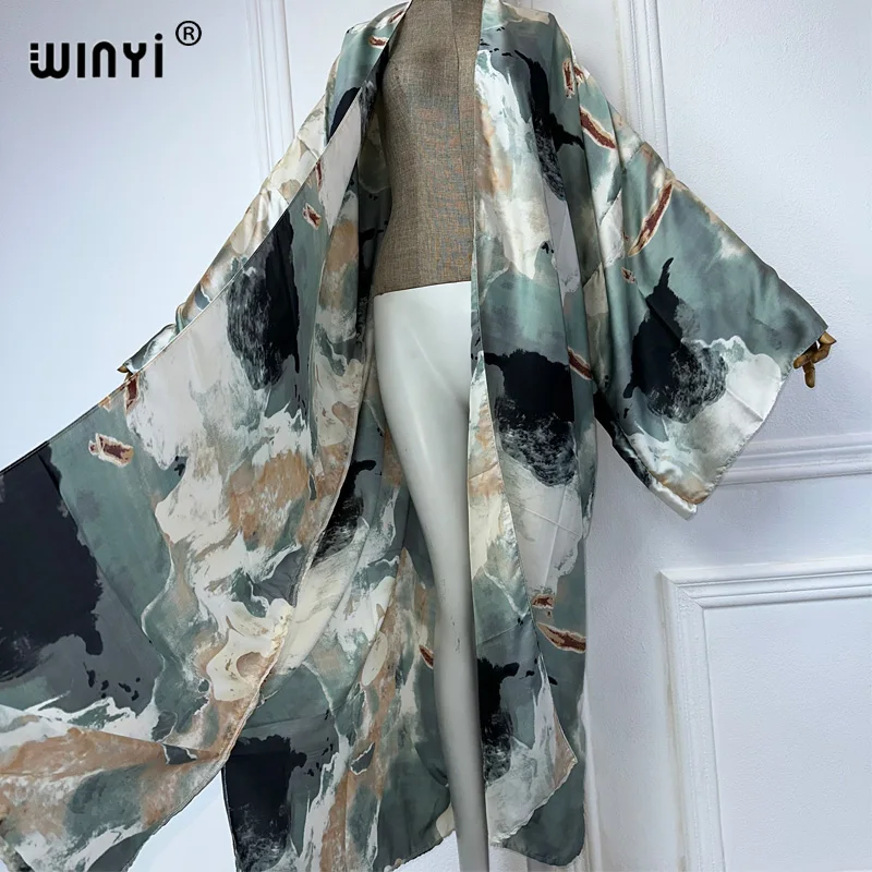 WINYI Kimono letni abstrakcyjny nadruk sweter damski bluzka abaja okrycie plażowe kobiety boho maxi sukienka party kaftan