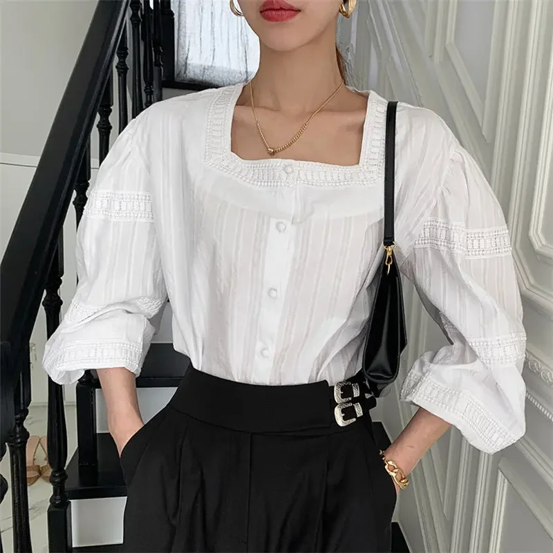 

Vintage OL Chic Fashion White O-Neck Lace Hem Tops 2024 New All-Match Korean Streetwear Gentle Elegant Solid Femme Hot Shirts