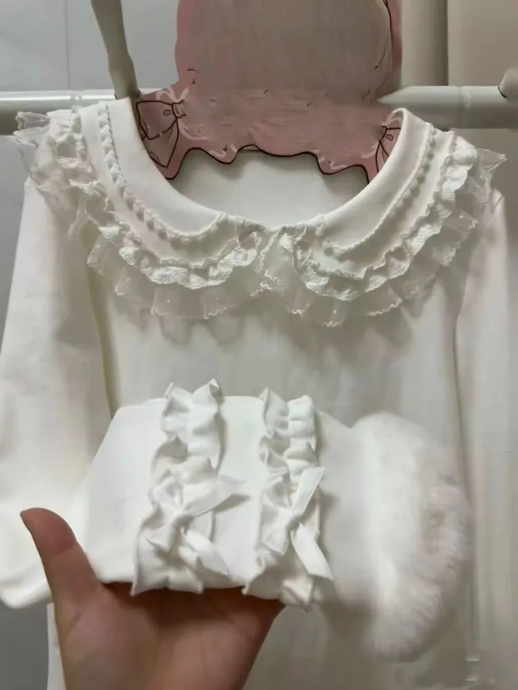 Women T Shirts Lolita Style Peter Pan Collar Lace Patchwork Ruffles Autumn Sweet Vintage Y2k Aesthetic Harajuku Tops