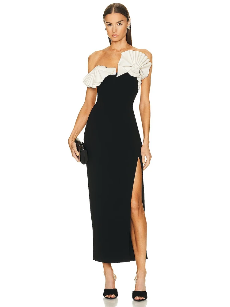 

BEVENCCEL 2023 Women's New In Folding Fan Strapless Sexy Tight Black and White Bandage Midi Dress Elegant Celebrity Party Dress