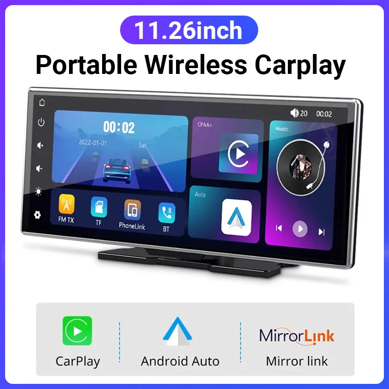 11.26-inch wireless in-car CarPlay and Android Auto portable dash cam, supporting phone mirroring and voice assistant activation