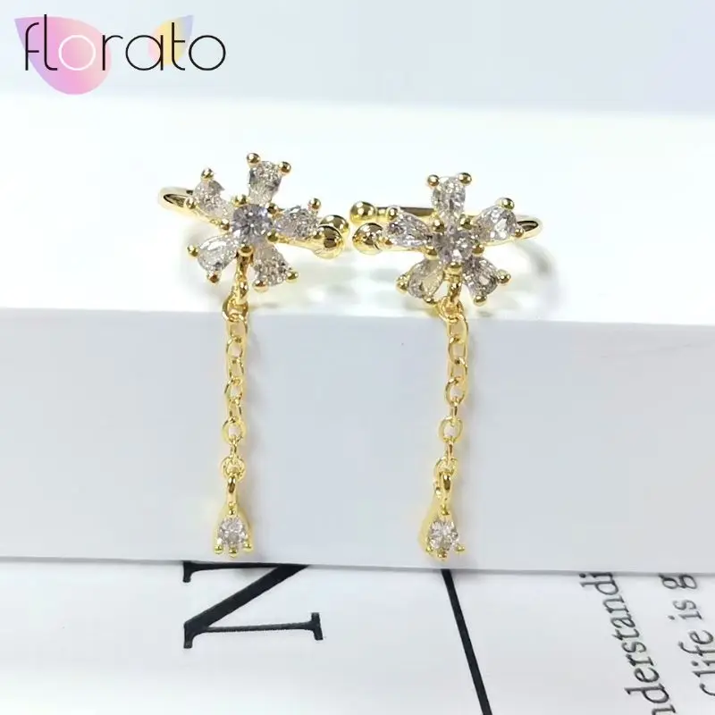 

925 Sterling Silver Needle Light luxury Exquisite Flower-Shaped Hanging Chain Clip Earrings Women Gorgeous Wedding Jewelry Gift