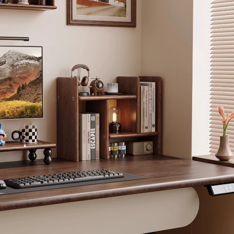 Solid wood retractable bookshelf Small on desk Storage Multi-layer storage