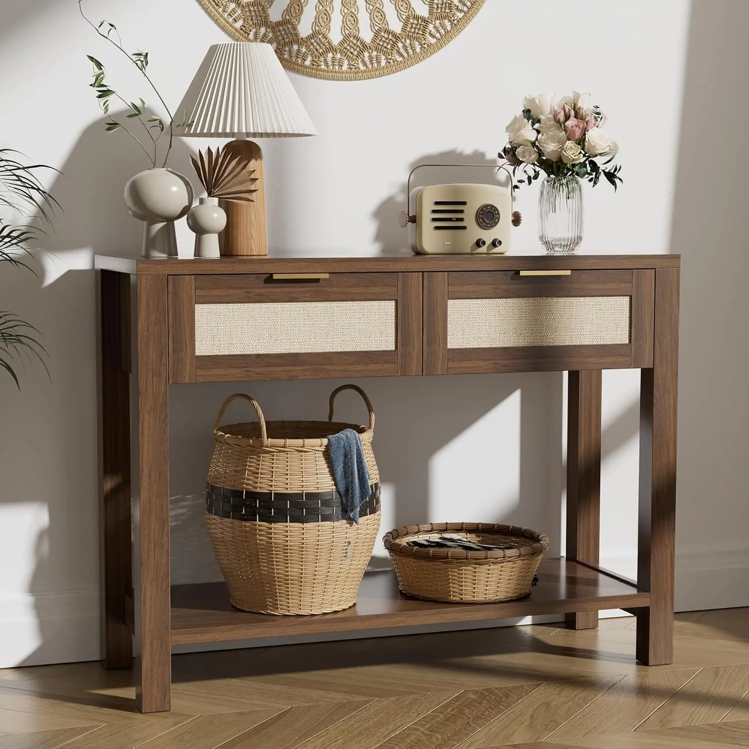 

Console Table with 2 Rattan Drawers and Open Shelf Storage, Narrow Farmhouse Sofa Table for Small Space Entryway, Livi