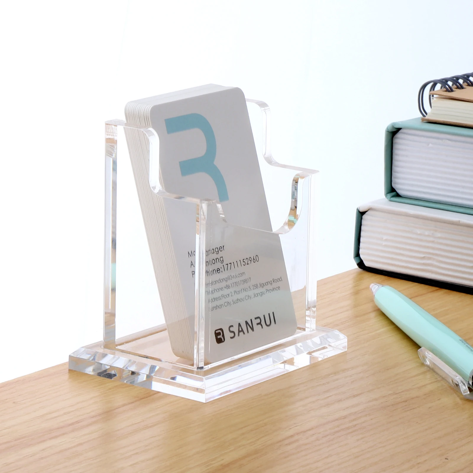 SANRUI Vertical Business Card Holder for Desk,Clear Acrylic Business Card Display Stand,1 Tier 1 Slot,Holds 50-60 Cards