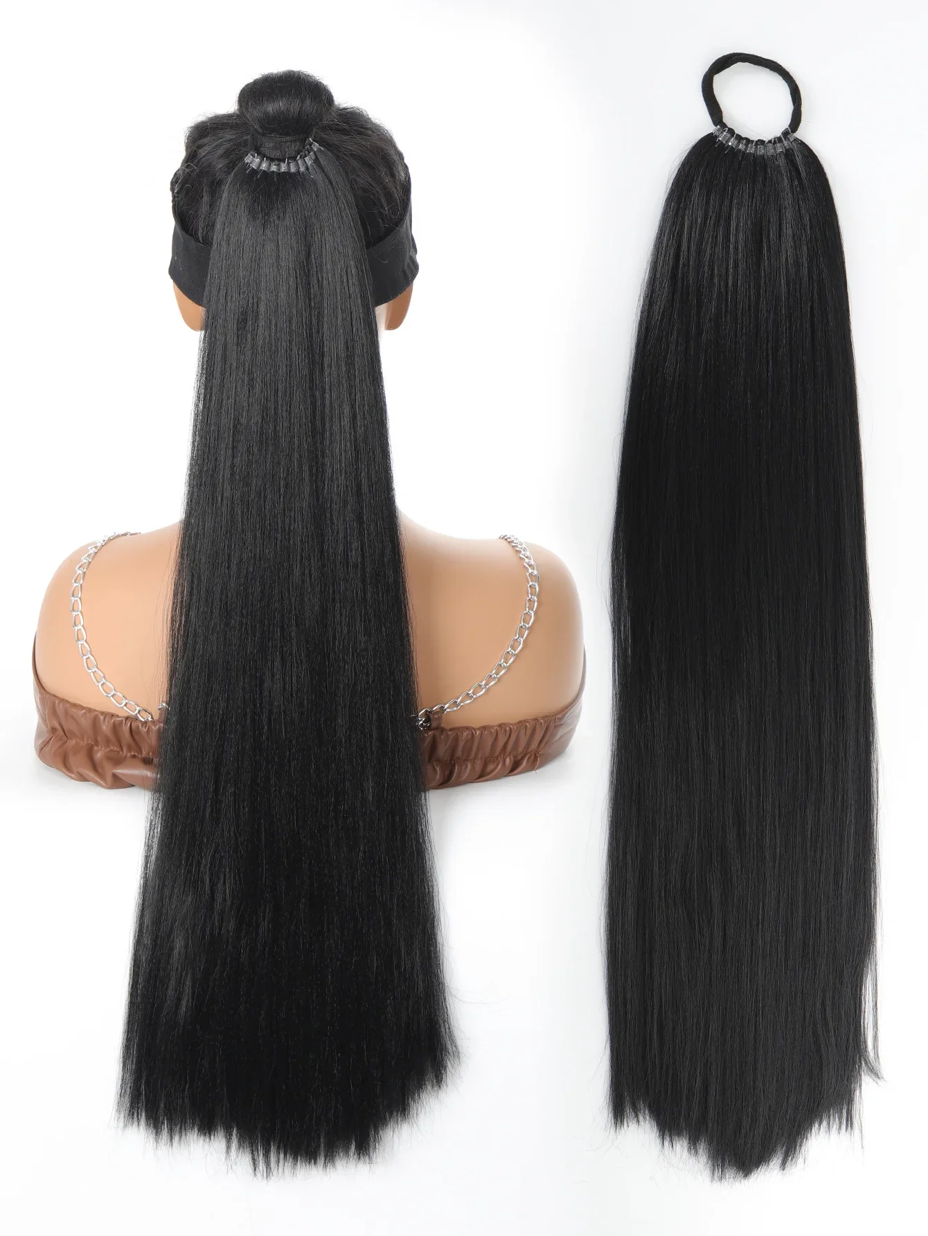 Synthetic Rubber Band Ponytail long straight Woman Black Slightly Ponytail Extension Long Heat-resistant Wig