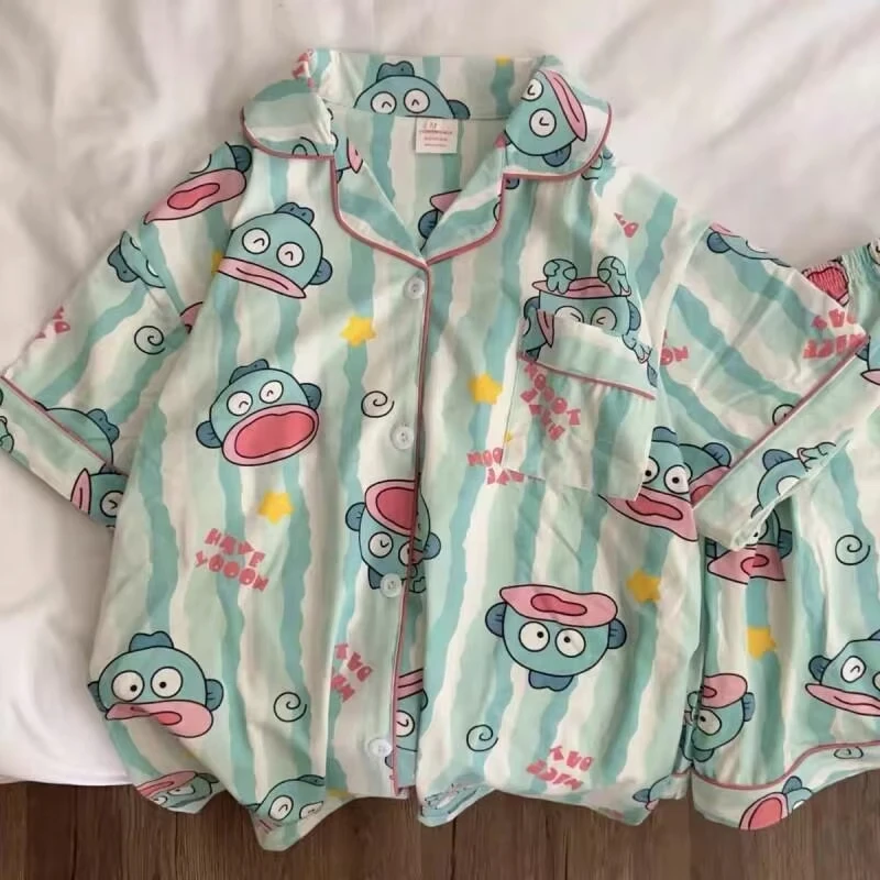 

Clownfish Girl Homewear Sanrio Hangyodon Short Sleeve Shorts Pajamas Set Comfortable Japanese Lazy Style Striped Summer Pospular