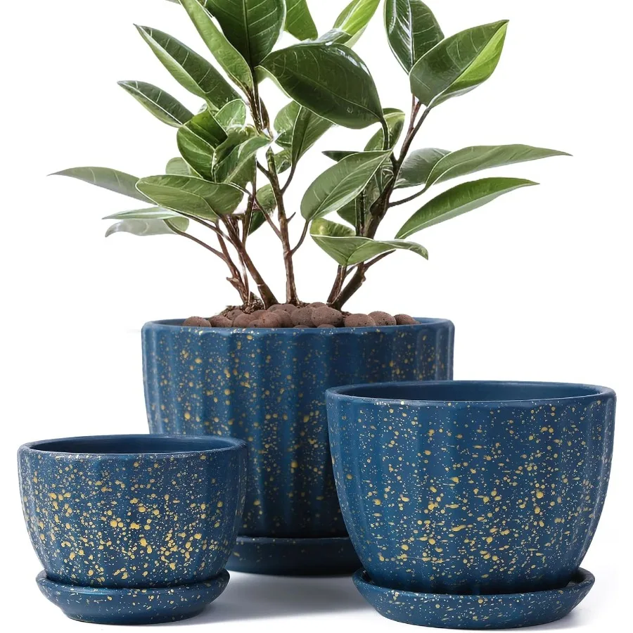 

Ceramic Plant Pots with Drainage Holes and Saucers Round Blue Flower Pots for Indoor Plant Diameter 3.3 4.3 5.5 Inches Small Mi
