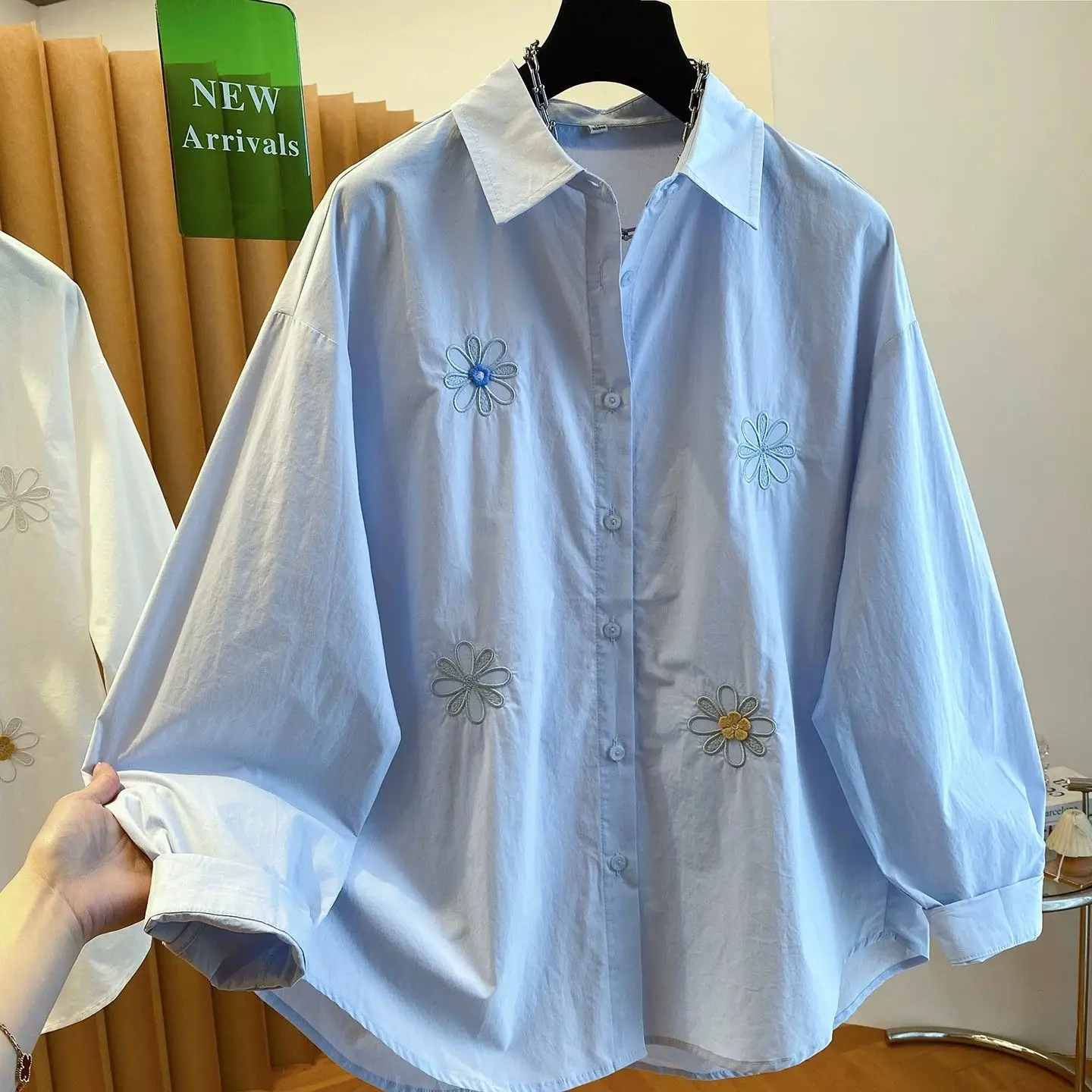 

Blue Floral Embroidery Large Size Shirt Women's Long Sleeve Spring Summer Loose Luxury Style T-Shirt Casual Comfortable Fit