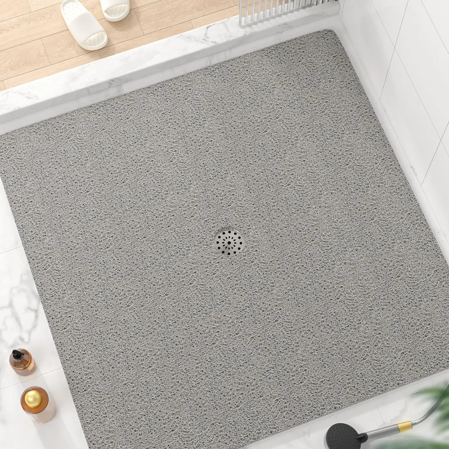 

Square Shower Mat, 47x47 Inch Non-Slip Bath Mat with Drain Holes, Quick-Drying PVC Loofah Floor Mat for Tub and Stall, Grey