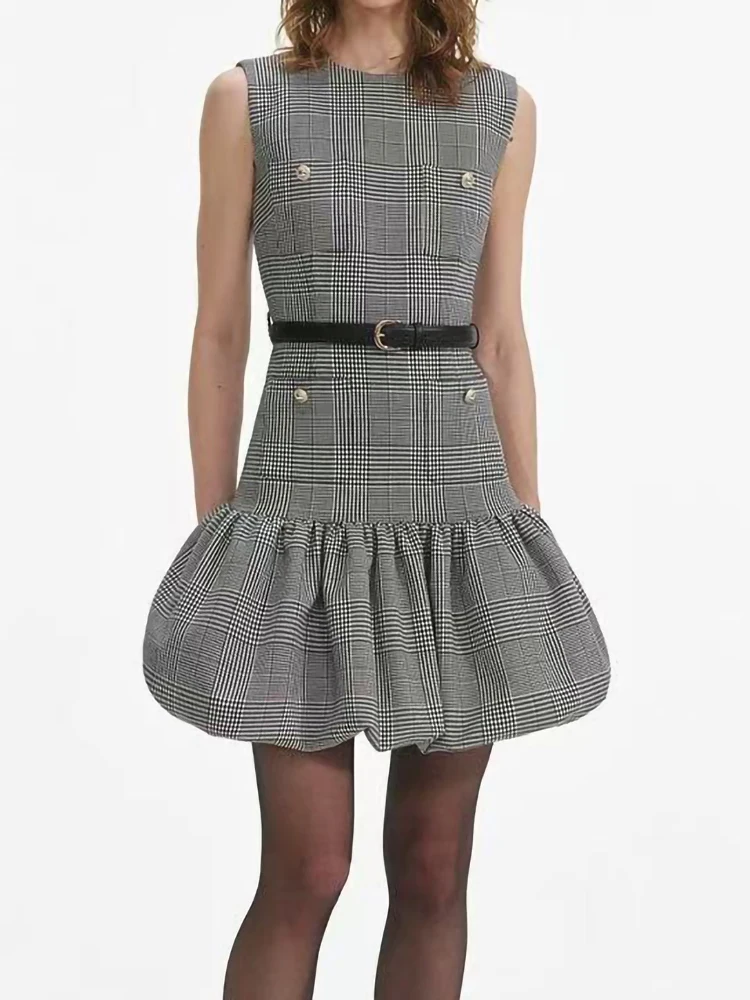 

Early Autumn New Fashion New Plaid Tank Dress Women Elegant Sleeveless A-Line Slim Ruffles Hem Short Robe with Belt Ladies